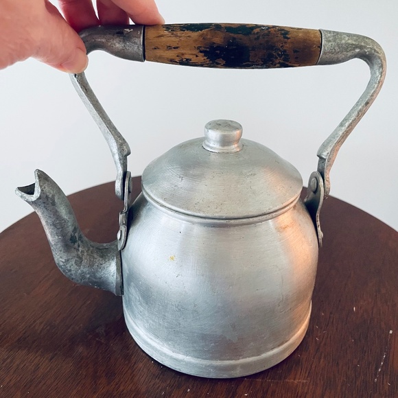 Vintage Aluminum teapot with a wooden handle, Vintage Rustic Teapot - Picture 1 of 4